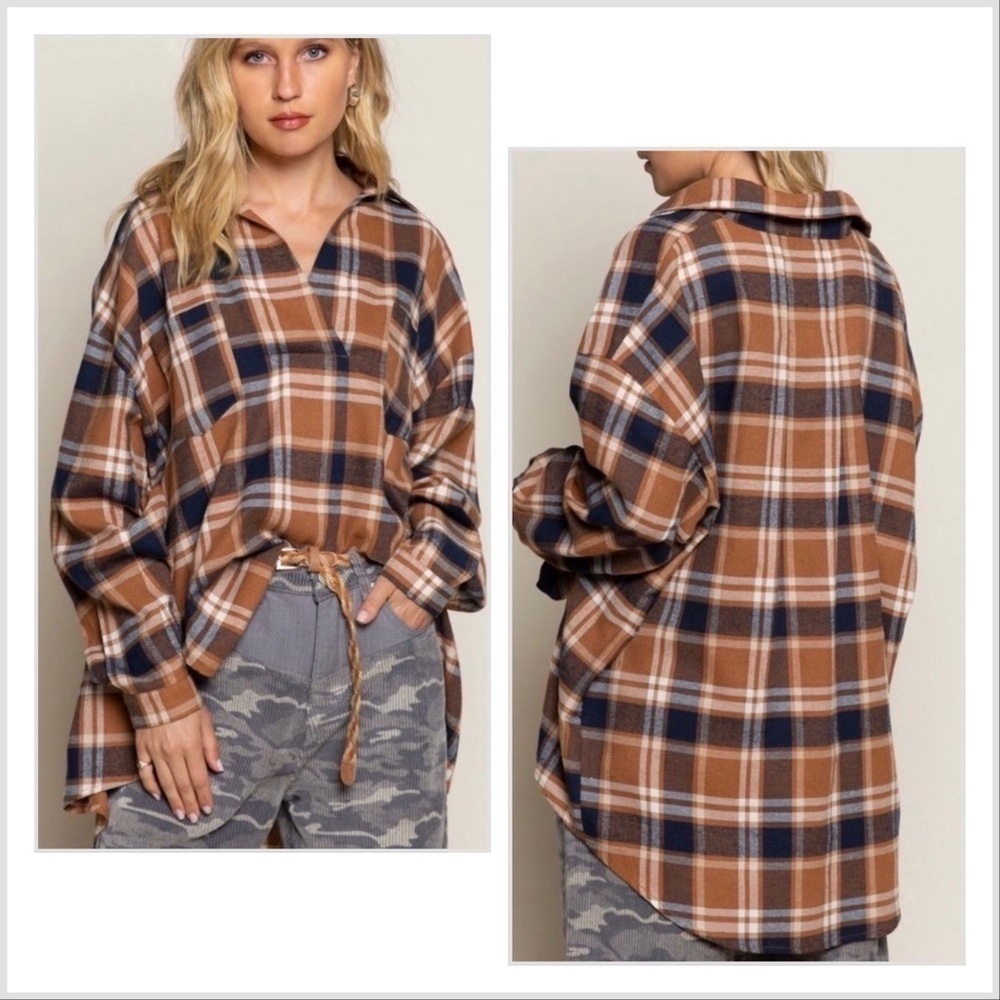 𝅺pol Plaid Soft Shirt Featuring relaxed fit and half overlay front with collar